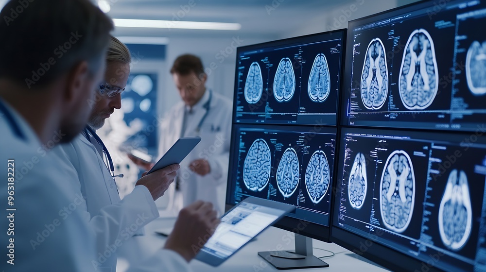 Aufkleber a group of medical professionals reviewing and analyzing detailed brain scans displayed on digital s