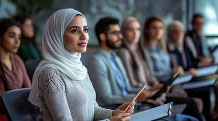 Attentive young businesswoman wearing a hijab, listening and taking notes during a business conference