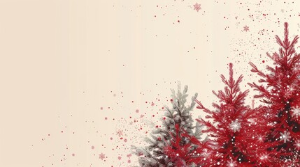Pastel yellow Christmas background with fir branches, red and green trees, and delicate snowflakes. Festive winter illustration with space for text, perfect for greeting cards and holiday designs.