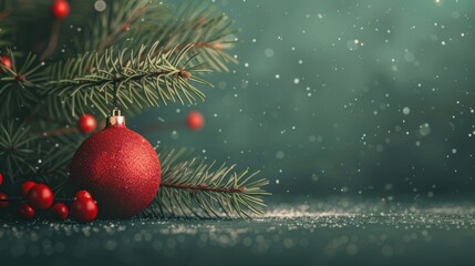 Naklejka premium Christmas greeting card with fir branches and red bauble and snowflakes on blurred green background banner with copy space