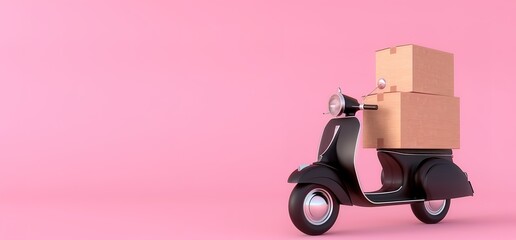 Black scooter carrying cardboard boxes on a pink background.