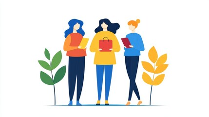 Social media brand ambassadors, featuring products in their content, flat design illustration