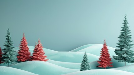 3D illustration of a winter landscape with green and red Christmas trees, blue snowdrifts, and snowflakes. Horizontal festive greeting card design with copy space for seasonal and holiday themes.