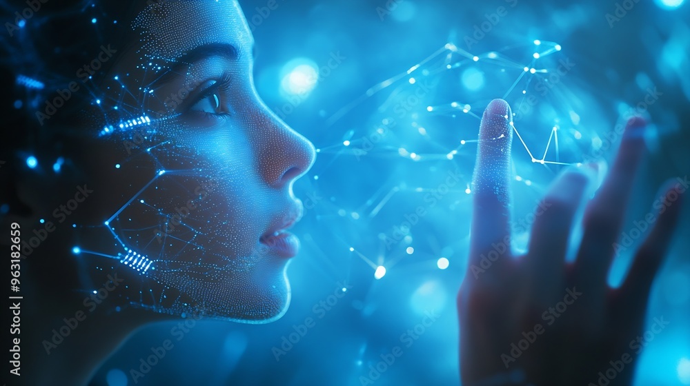 Poster A person interacting with a futuristic holographic interface featuring digital data and connections on a blue background showcasing technology concept : Generative AI