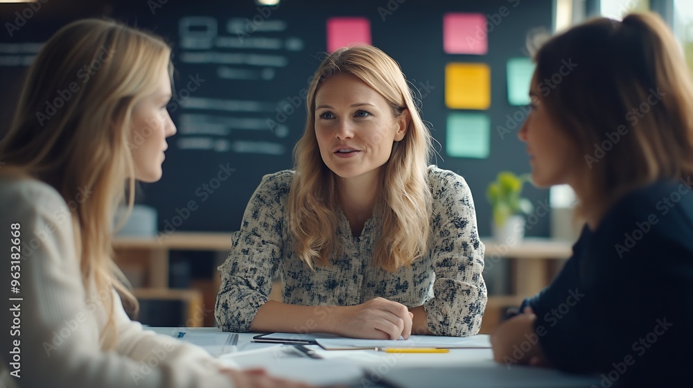Leinwandbilder Businesswomen having a collaborative meeting with a scrum master in an office They brainstorm ideas discuss software development and project management in a dynamic tech company : Generative AI