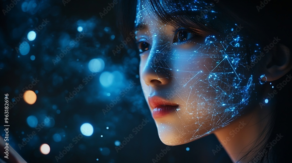 Aufkleber Woman on digital tablet futuristic network overlay and iot cloud data communication hologram with blockchain coding technology Future of cyber security fintech software and information : Generative AI