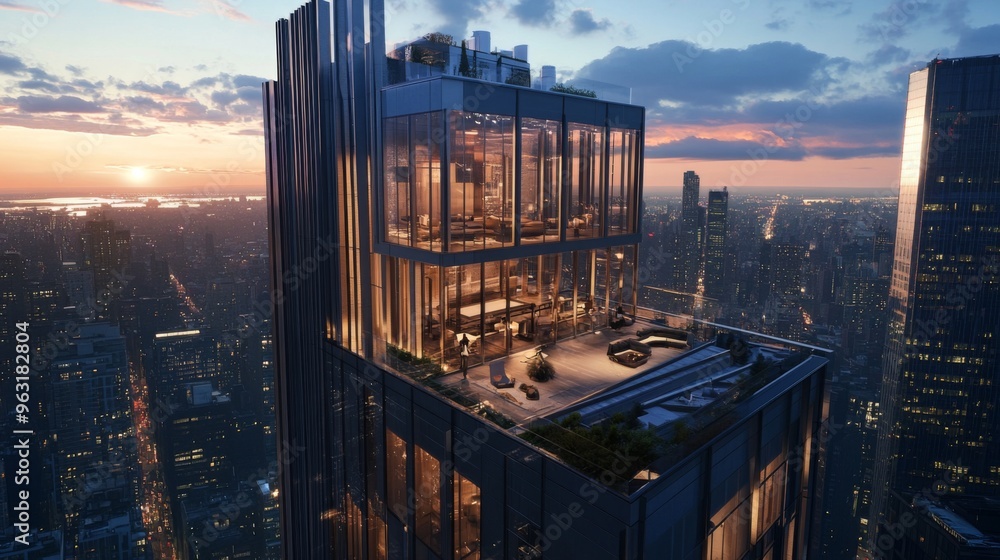 Poster Detailed view of a tall building with a rooftop observation deck, showing the expansive cityscape below and the architectural features of the building.