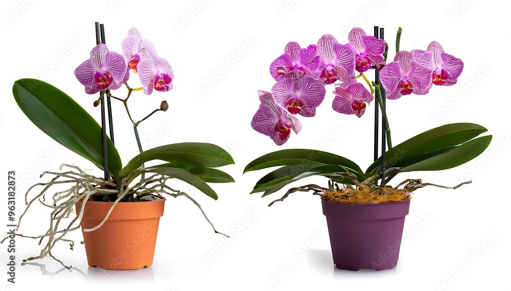 Poster clipping path for potted orchids - orchids in pots cut out with full depth of field