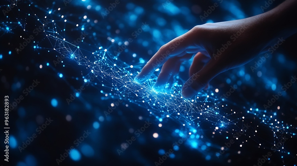 Poster Digital cyber era technology concept Human hand touching interconnected polygons of massive amounts of data glowing on a dark blue background New innovations that are coming to change  : Generative AI