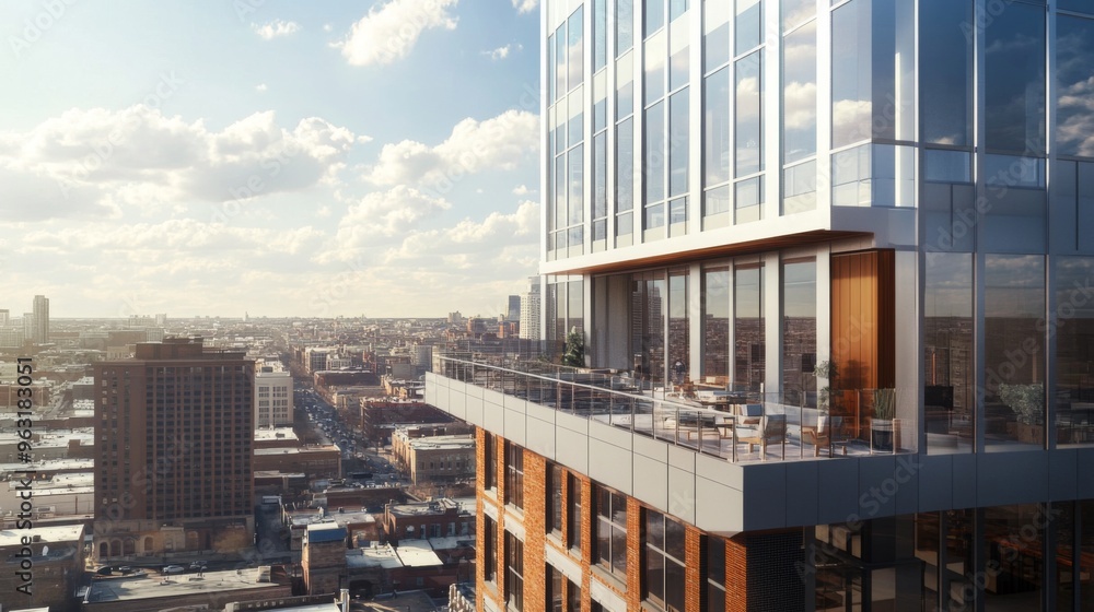 Poster Detailed view of a tall building with a rooftop observation deck, showing the expansive cityscape below and the architectural features of the building.