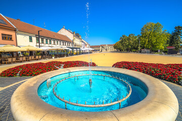 Town of Koprivnica fountain and main square view