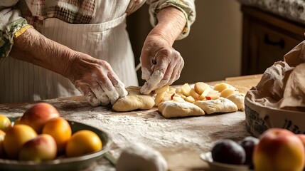 Elderly Person Rolling Out Traditional Autumn Pastries in Cozy Kitchen