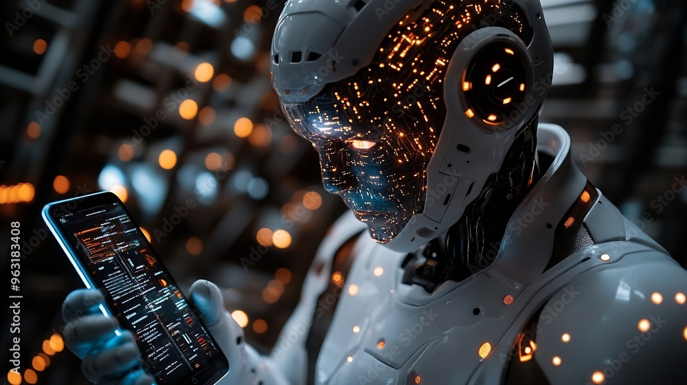 Poster man shows use of artificial intelligence Ai technology to access malicious software with smartphone concept of internet cyber security warning or technology fraud alertChat with AI : Generative AI