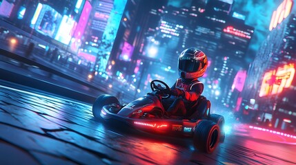 A go-kart race in an urban setting with a driver in sleek, modern gear, neon signs and city lights reflecting off the kart, creating a vibrant and dynamic cityscape atmosphere