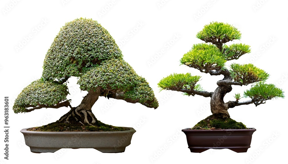 Poster clipping path for small bonsai trees - miniature bonsai cut out with full depth of field
