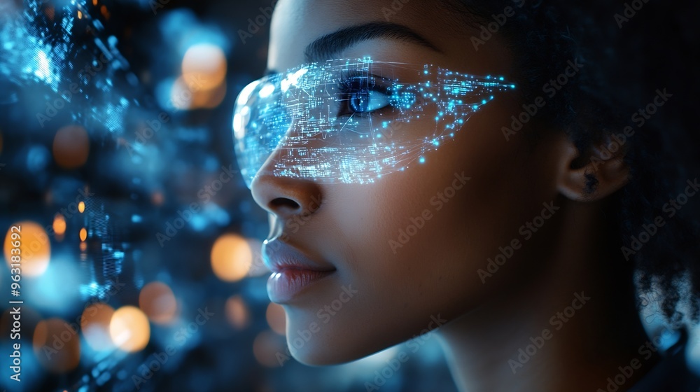 Poster young black woman operating holographic screen and global communication network concept wide angle v
