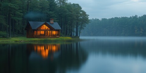 Illuminated Cabin on a Misty Lake with Surrounding Forest