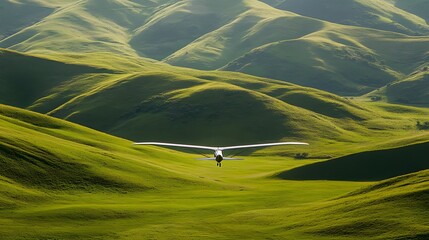 28. A vintage glider soaring silently above rolling green hills