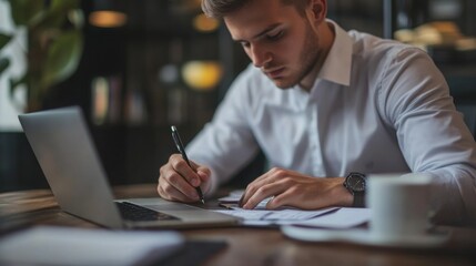 Detailed view of a young businessman working at his desk with a laptop, notes, and a cup of coffee, reflecting a productive and organized workspace.