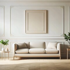 modern living room. Sofa, walls and floor in pastel beige tones. 3D rendering.