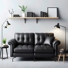 modern living room with black leather sofa in the room against the background of the wall. 3D rendering.	