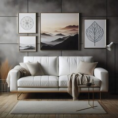 White leather sofa in the interior of the living room. 3D rendering.