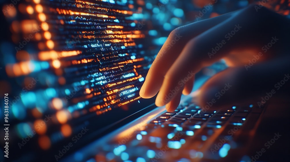 Fototapete Digital technology data engineering cloud computing concept Computer programmer working on laptop with big data processing and computer code futuristic technology background software d : Generative AI
