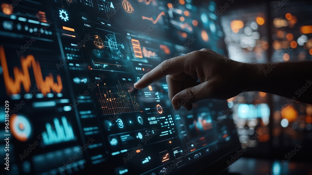 Poster Businessman using analytics data KPI technology and data management system Corporate strategy for finance operations sales marketing : Generative AI