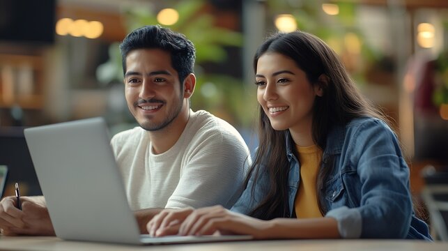 young latin couple woman and man at work using laptop or computer in casual clothes at office in Mexico hispanic teamwork in Latin America : Generative AI