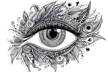 Antistress  colouring page. Magic eye with feathers instead of eyelashes. Mandala style. Isolated on white. For child coloring book, tattoo design