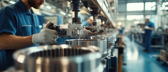 Workers assembling mechanical components on a traditional production line, highlighting craftsmanship and teamwork in a factory