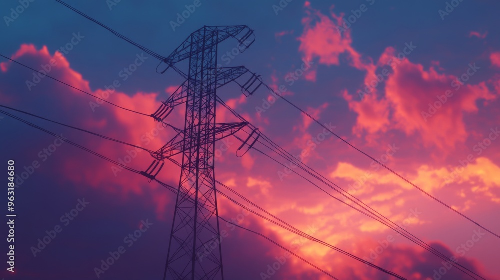 Poster detailed view of an electricity transmission tower at dusk, with power lines illuminated by the sett