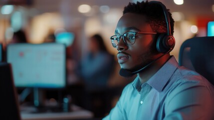 Fototapeta premium Black professional working in a call center, handling calls with focus and dedication, sleek and contemporary office setup with multiple devices