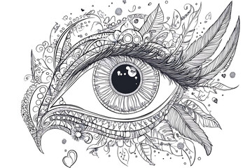 Fototapeta premium Antistress colouring page. Magic eye with feathers instead of eyelashes. Mandala style. Isolated on white. For child coloring book, tattoo design