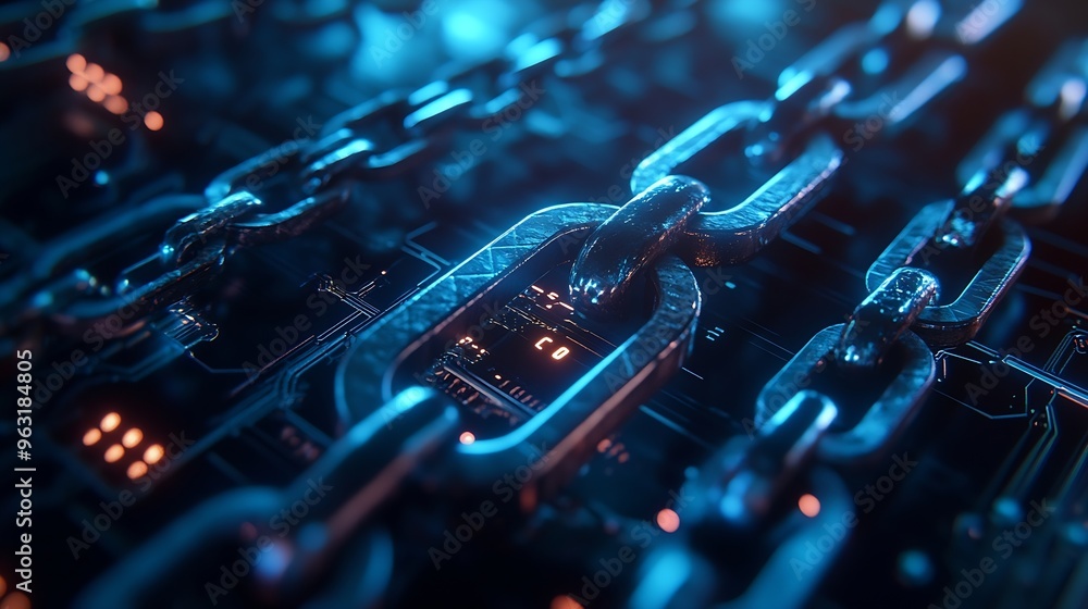 Fototapete Blockchain technology transaction concept Businessman use laptop on blockchain global networking data network connect Internet cyber security binary coded Crypto chain blockchain techn : Generative AI