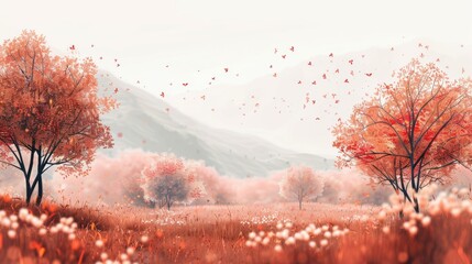 Autumn landscape illustration with vibrant orange trees and grassy meadow on a white background. Minimal natural scene in monochrome style, perfect seasonal mockup with copy space for design.