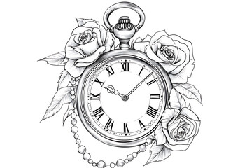 An elegant composition  blooming, artistically drawn roses, decorated with black leaves with an outline clock, gears and key on white background. Steampunk style. Hand drawn illustration.