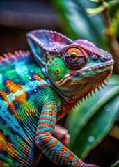 Colorful Chameleon in Tropical Forest, Reptile Wildlife Photography