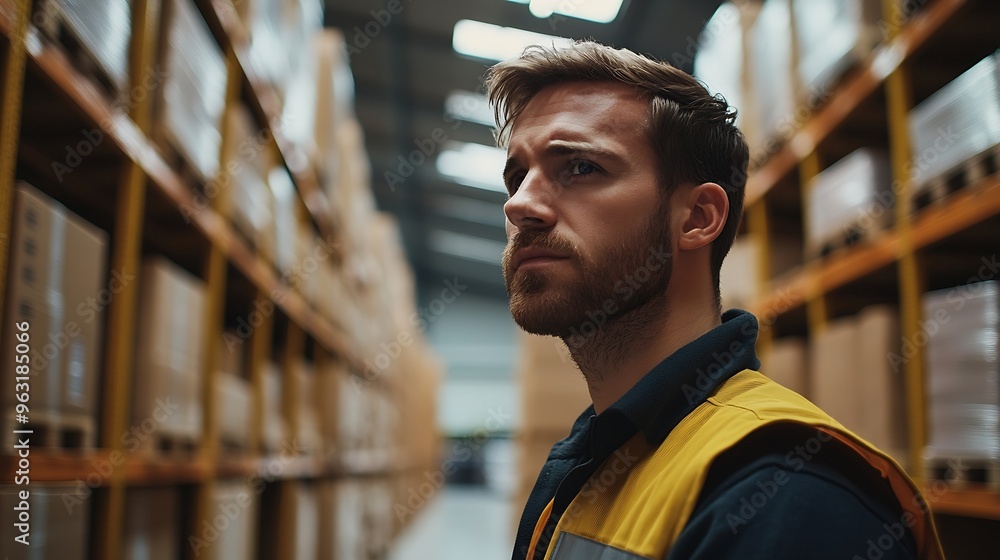 Fototapete warehouseman checking delivery stock in warehouse on computer pc warehouse manager using warehouse m