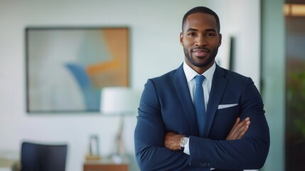 Fototapeta premium Black man personal banker in a contemporary office space, helping clients with financial decisions, stylish attire, and calm demeanor