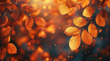Golden autumn background with vibrant yellow and orange leaves glowing in sunbeams and soft bokeh lights. Nature scene with warm seasonal colors, perfect for fall designs with copy space mockup.