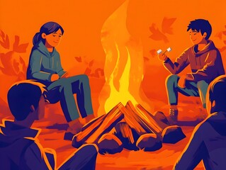 Canadian Teens Roasting Marshmallows Around a Cozy Backyard Bonfire