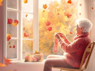 Elderly Polish Person Sitting by Window Knitting Autumn Leaves Fall Gently