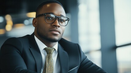 Fototapeta premium Black man personal banker in a sleek office environment, discussing financial strategies with clients, formal attire and dynamic background