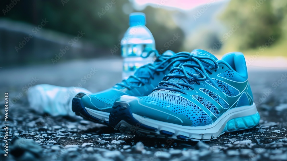 Poster A pair of blue running shoes on a path.