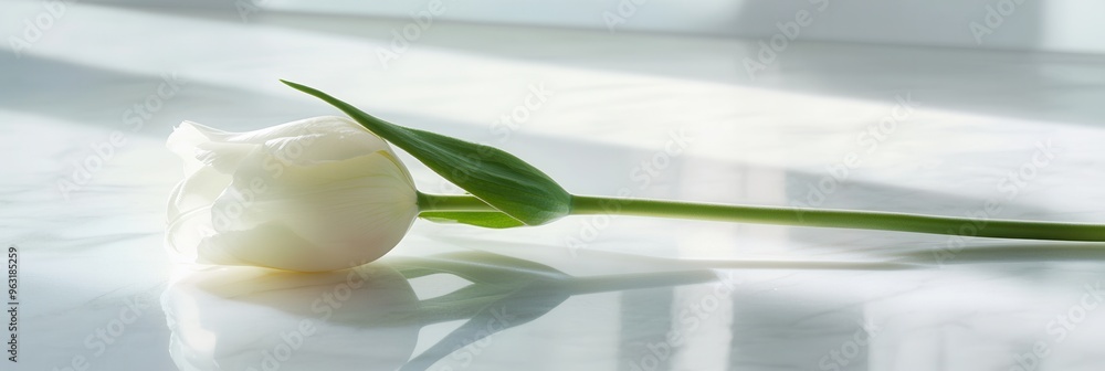 Aufkleber a solitary tulip lies elegantly on a pristine marble surface, bathed in gentle light that highlights