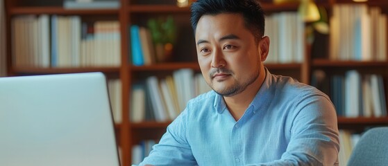 Asian man personal tutor offering one-on-one guidance in a sleek, well-lit study room, equipped with the latest educational technology for a focused and productive tutoring session