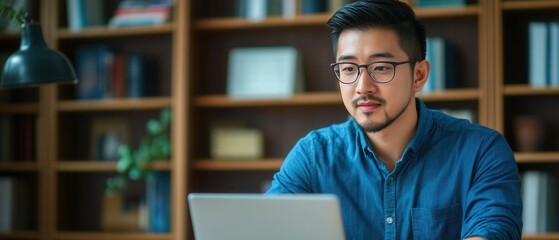 Asian man personal tutor offering one-on-one guidance in a sleek, well-lit study room, equipped with the latest educational technology for a focused and productive tutoring session