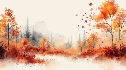 Abstract watercolor painting of an autumn forest with trees and falling orange leaves. Seasonal landscape artwork with soft textures and warm tones. Nature concept with copy space for design mockup.