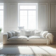 Interior design. Living room with a white sofa against the background of the window. 3D rendering.